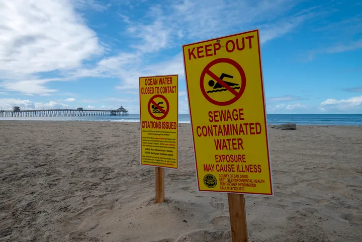 Two yellow San Diego County signs staked in the sand at Imperial Beach. The nearer one reads KEEP OUT, SEWAGE CONTAMINATED WATER, EXPOSURE MAY CAUSE ILLNESS; the other reads OCEAN WATER CLOSED TO CONTACT, CITATIONS ISSUED. The pier runs out to sea behind them.